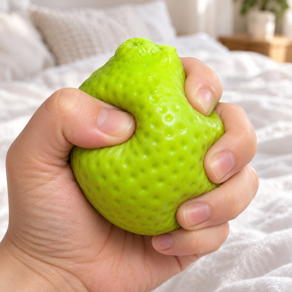 Crunchy Lemon Squishy, Changes Color, being squeezed by hand, soft and squishy