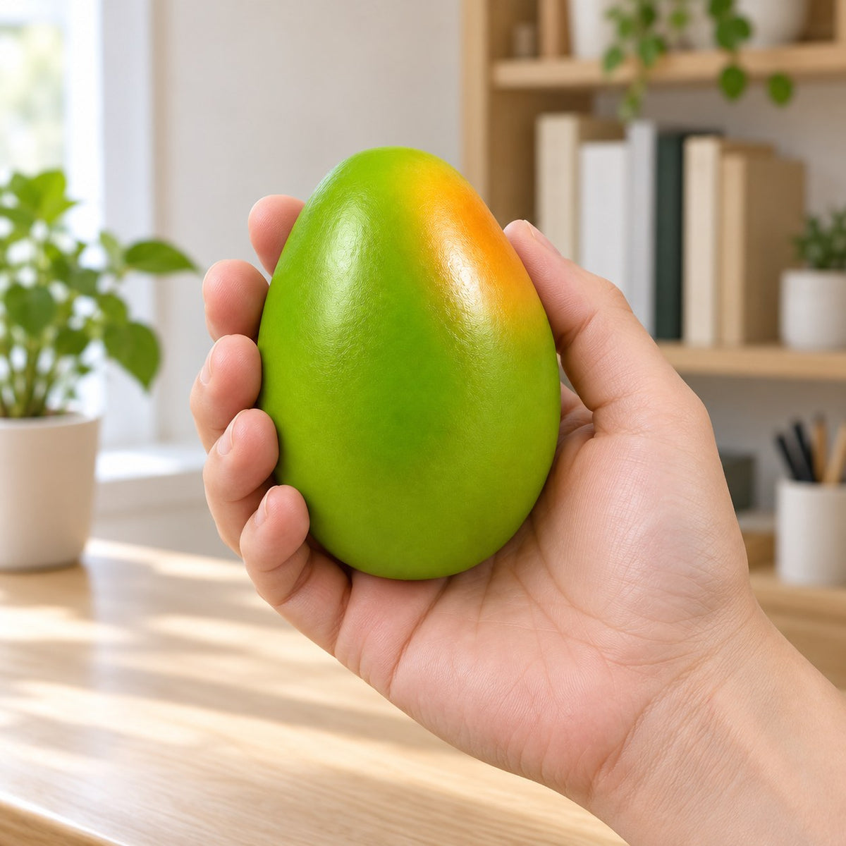 Crunchy Mango Squishy, held in a hand to show the real size