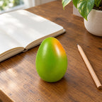 Mango squishy, on a desk with a notebook and pencil