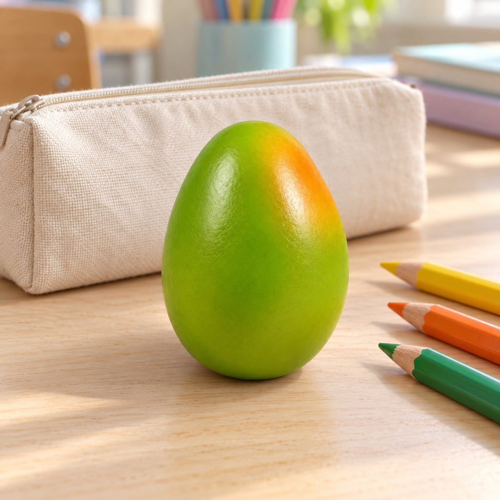 Crunchy Mango Squishy, on a school desk next to a pencil case