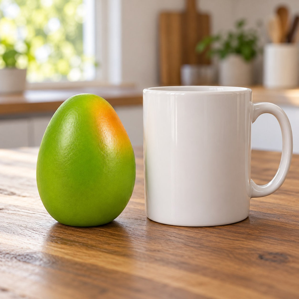 Crunchy Mango Squishy, next to a coffee mug for size comparison