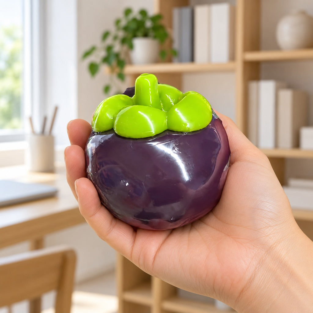 Mangosteen squishy, held in a hand to show the real size