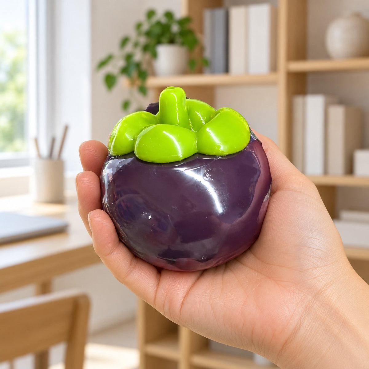Mangosteen squishy, held in a hand to show the real size