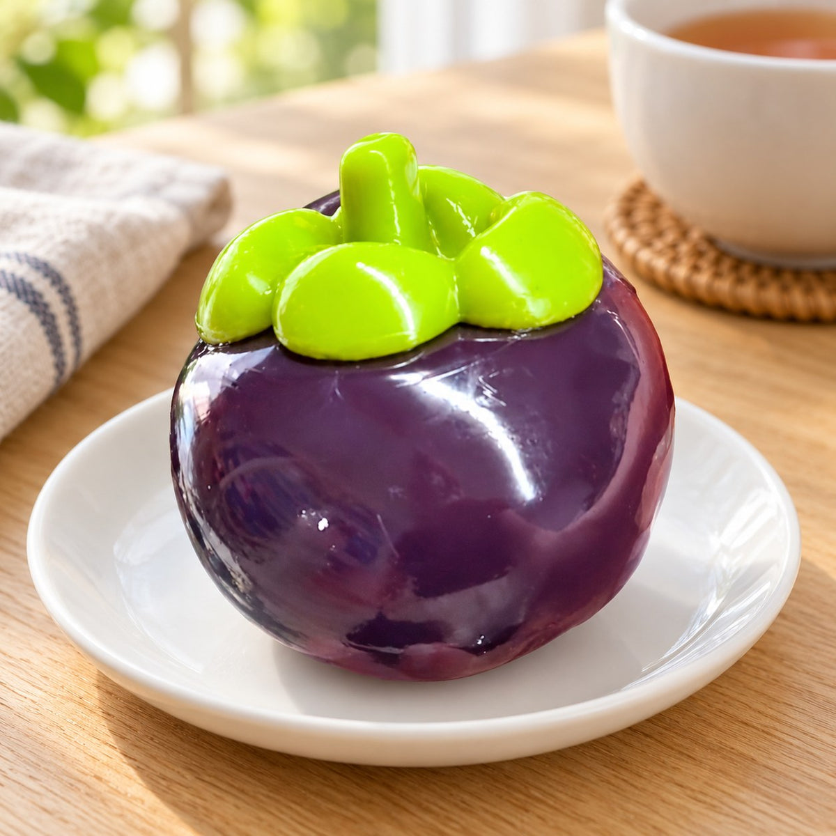 Mangosteen squishy crunchy, on a plate on a breakfast table