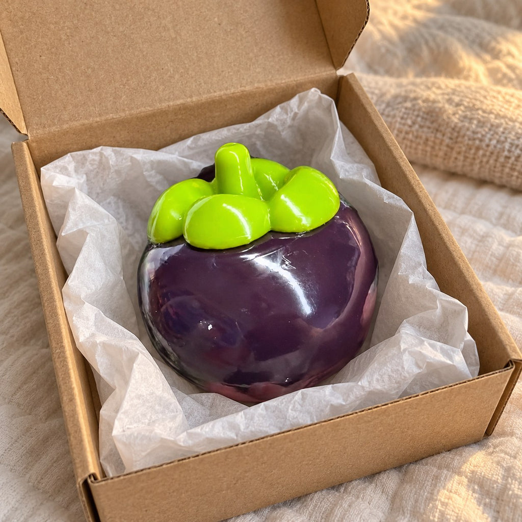 Mangosteen squishy crunchy, unboxed from a parcel with tissue paper