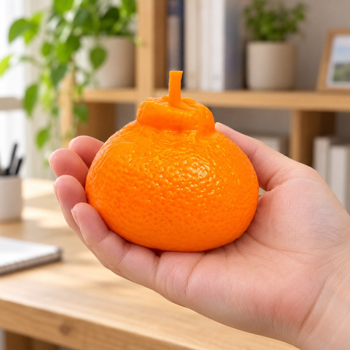 Orange squishy, held in a hand to show the real size