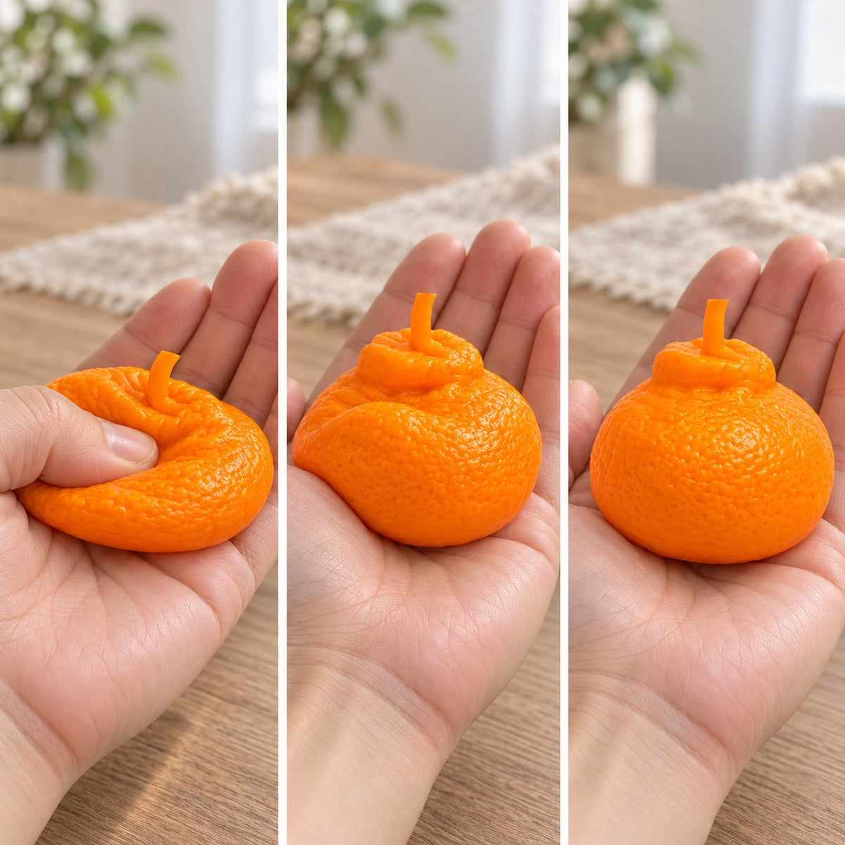 Orange squishy crunchy, squished flat, half risen and fully back in shape