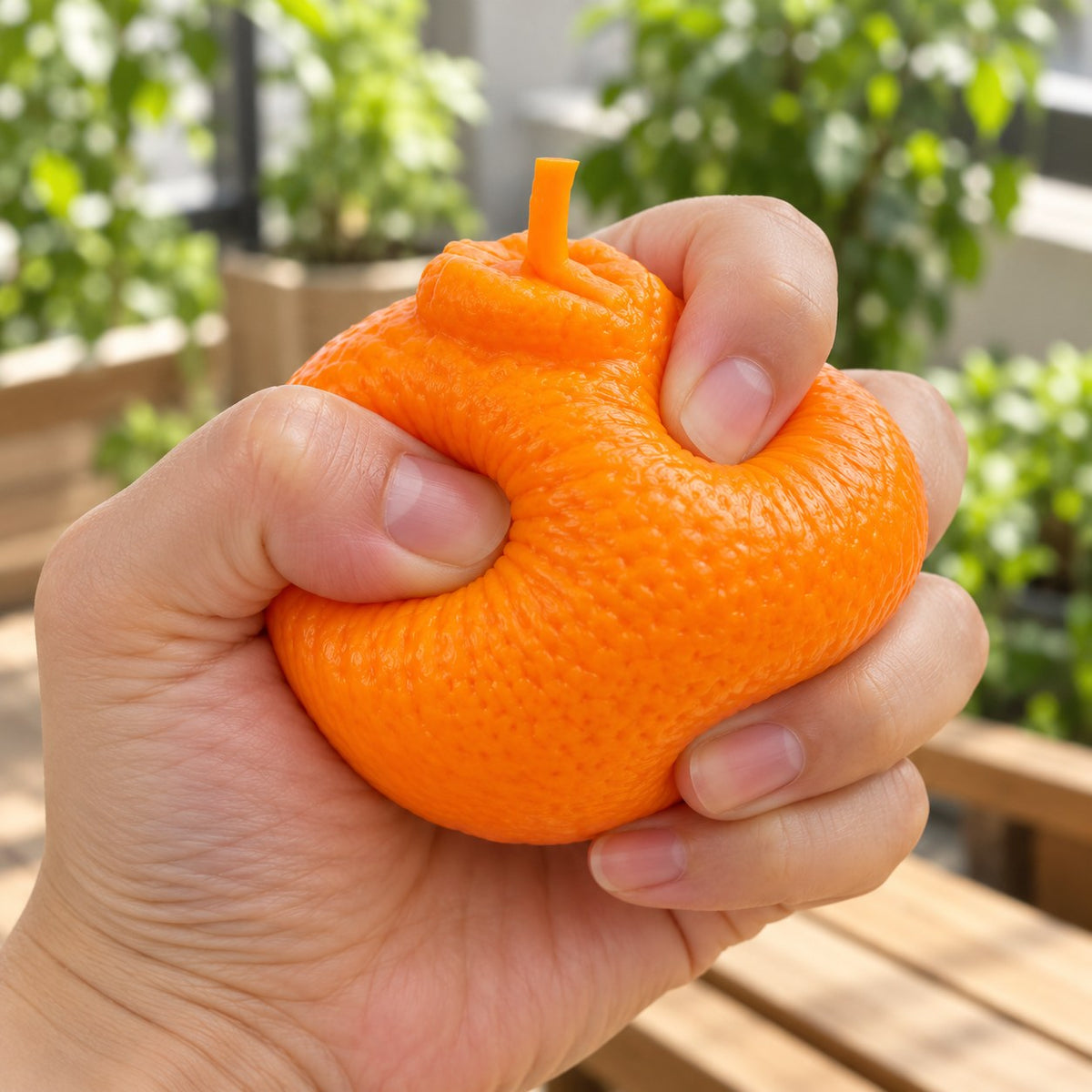 Orange squishy crunchy, being squeezed by hand, soft and squishy