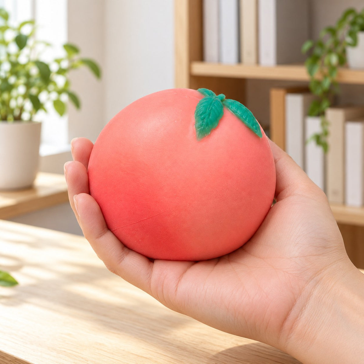 Crunchy Peach Squishy, Handmade, held in a hand to show the real size