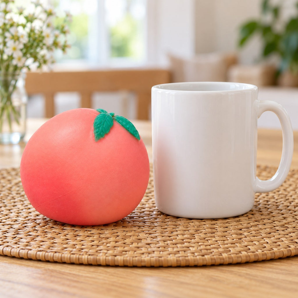 Crunchy Peach Squishy, Handmade, next to a coffee mug for size comparison