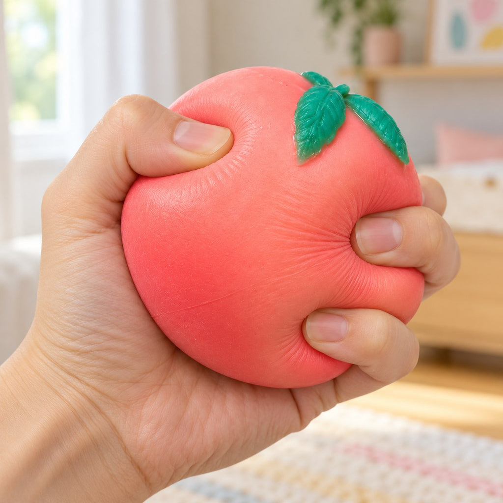 Crunchy Peach Squishy, Handmade, being squeezed by hand, soft and squishy
