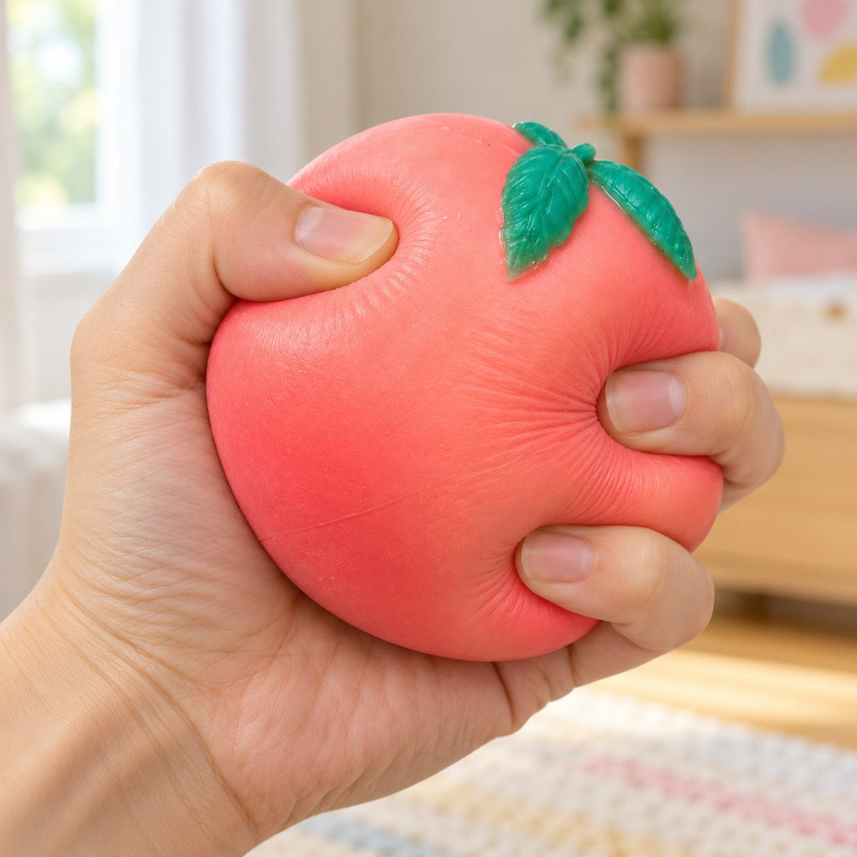 Crunchy Peach Squishy, Handmade, being squeezed by hand, soft and squishy