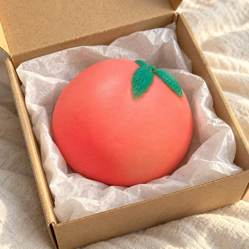 Peach squishy crunchy, unboxed from a parcel with tissue paper