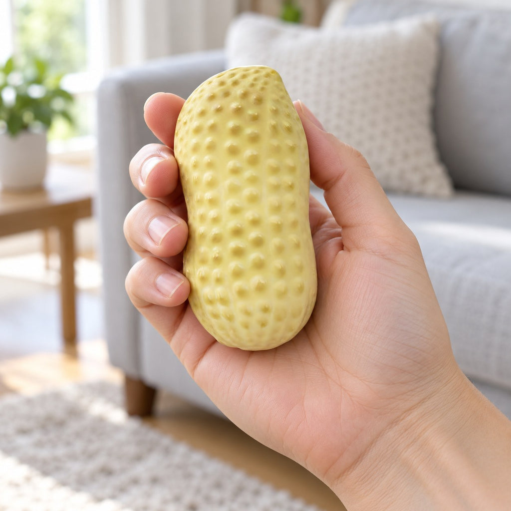 Crunchy Peanut Squishy, held in a hand to show the real size
