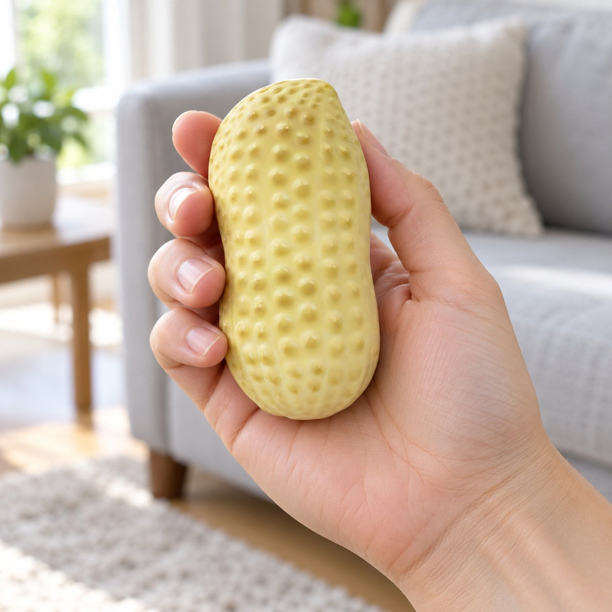 Crunchy Peanut Squishy, held in a hand to show the real size