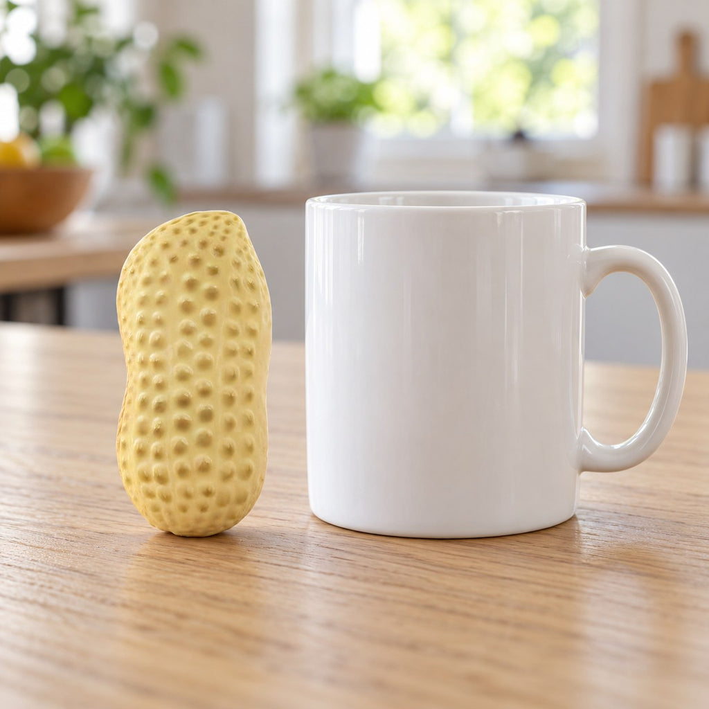 Crunchy Peanut Squishy, next to a coffee mug for size comparison