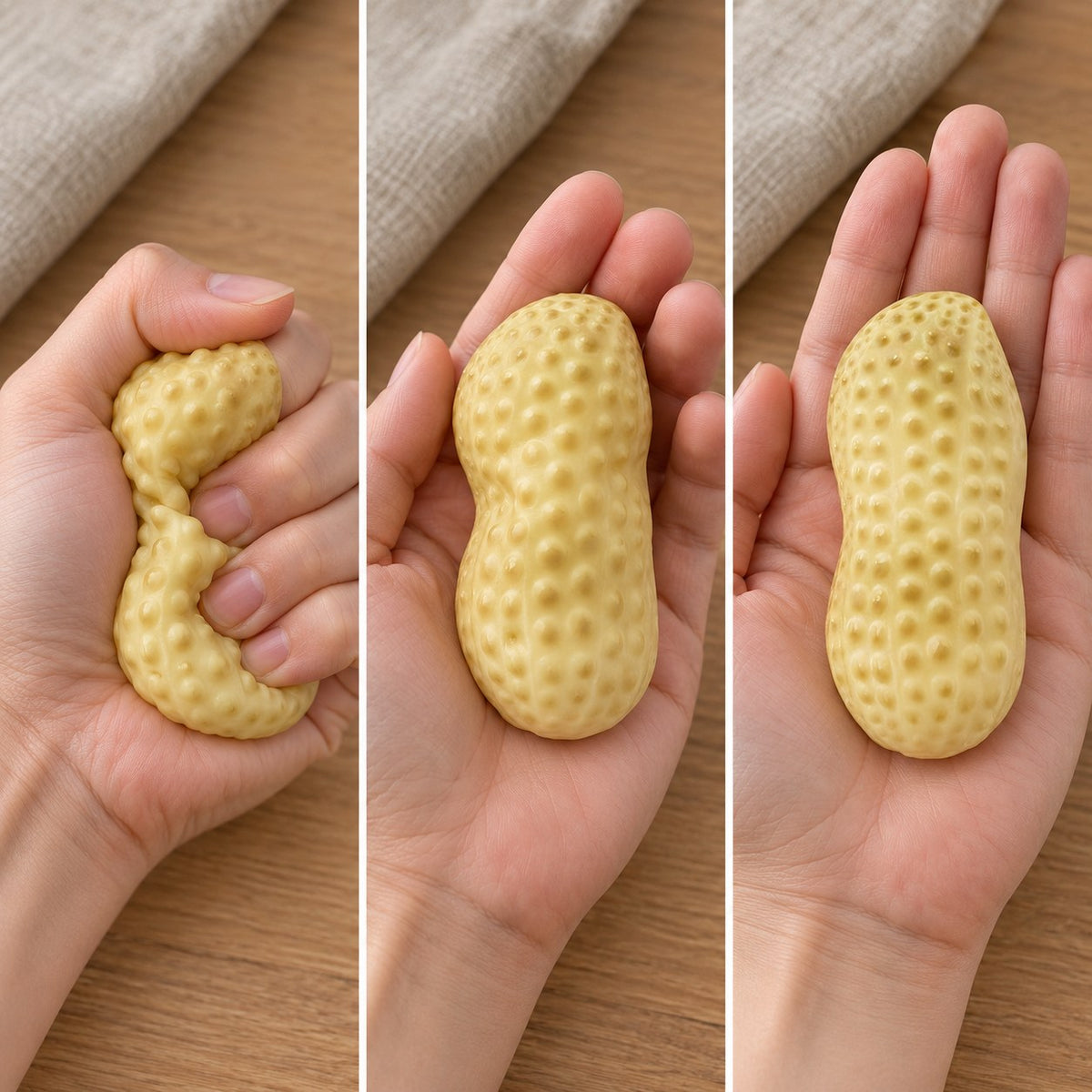 Peanut squishy, squished flat, half risen and fully back in shape
