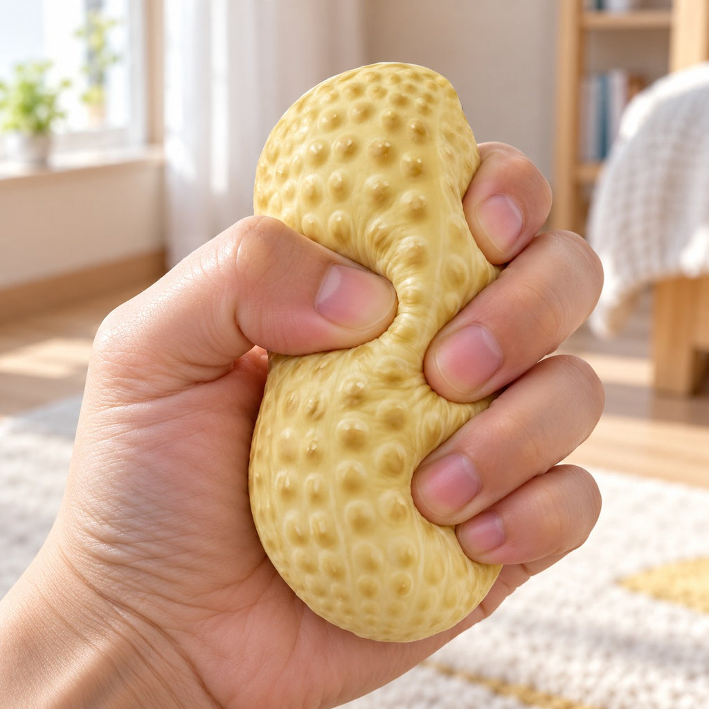 Crunchy Peanut Squishy, being squeezed by hand, soft and squishy