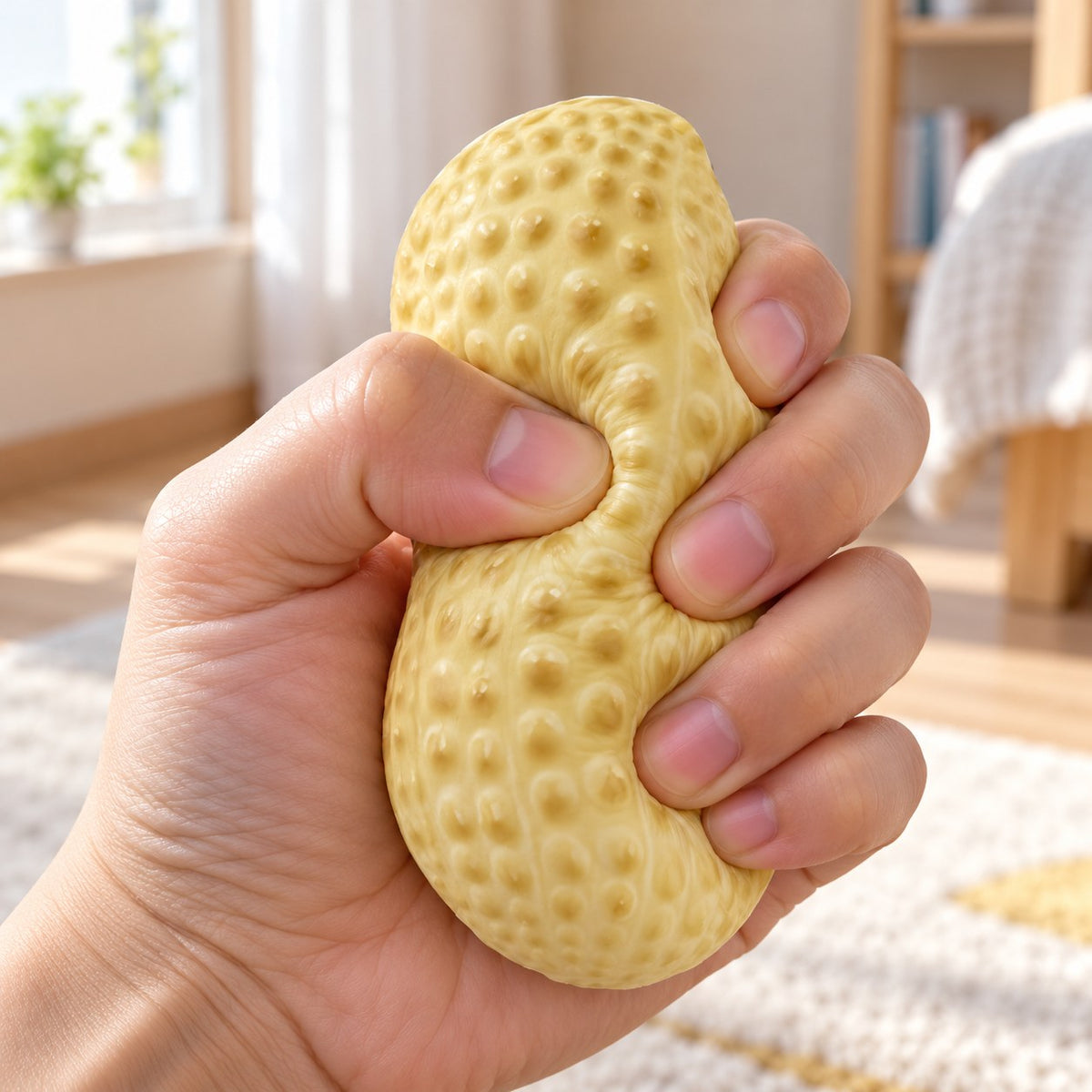 Crunchy Peanut Squishy, being squeezed by hand, soft and squishy