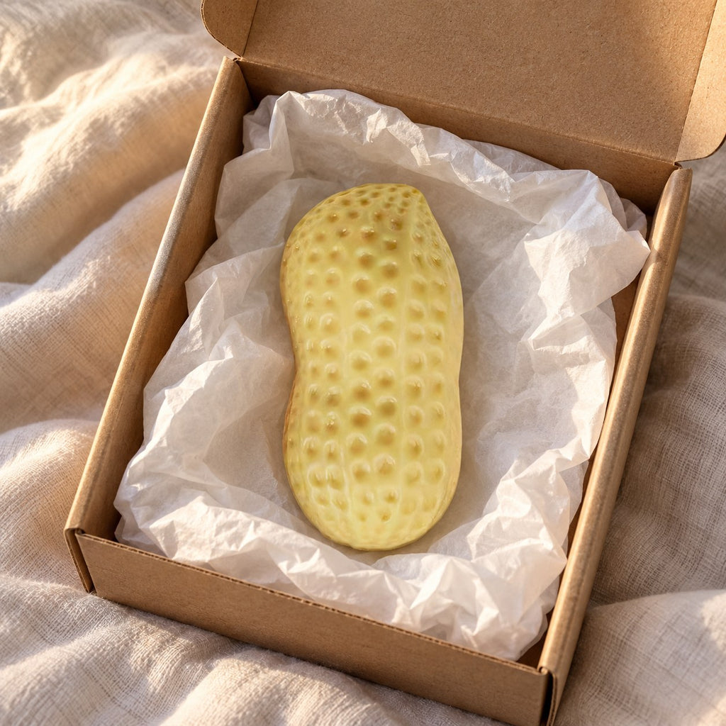 Peanut squishy, unboxed from a parcel with tissue paper