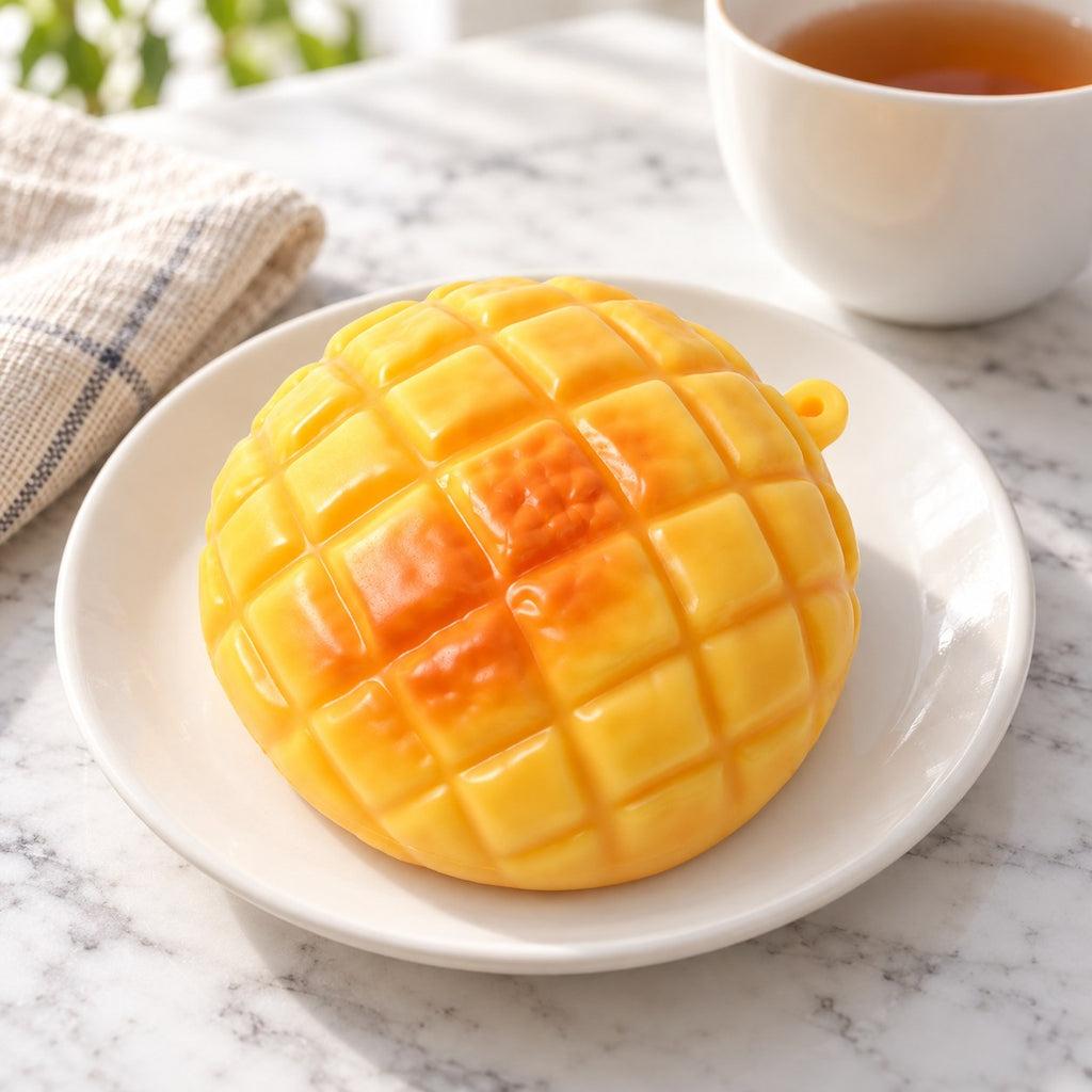 Pineapple bun squishy crunchy, on a plate on a breakfast table