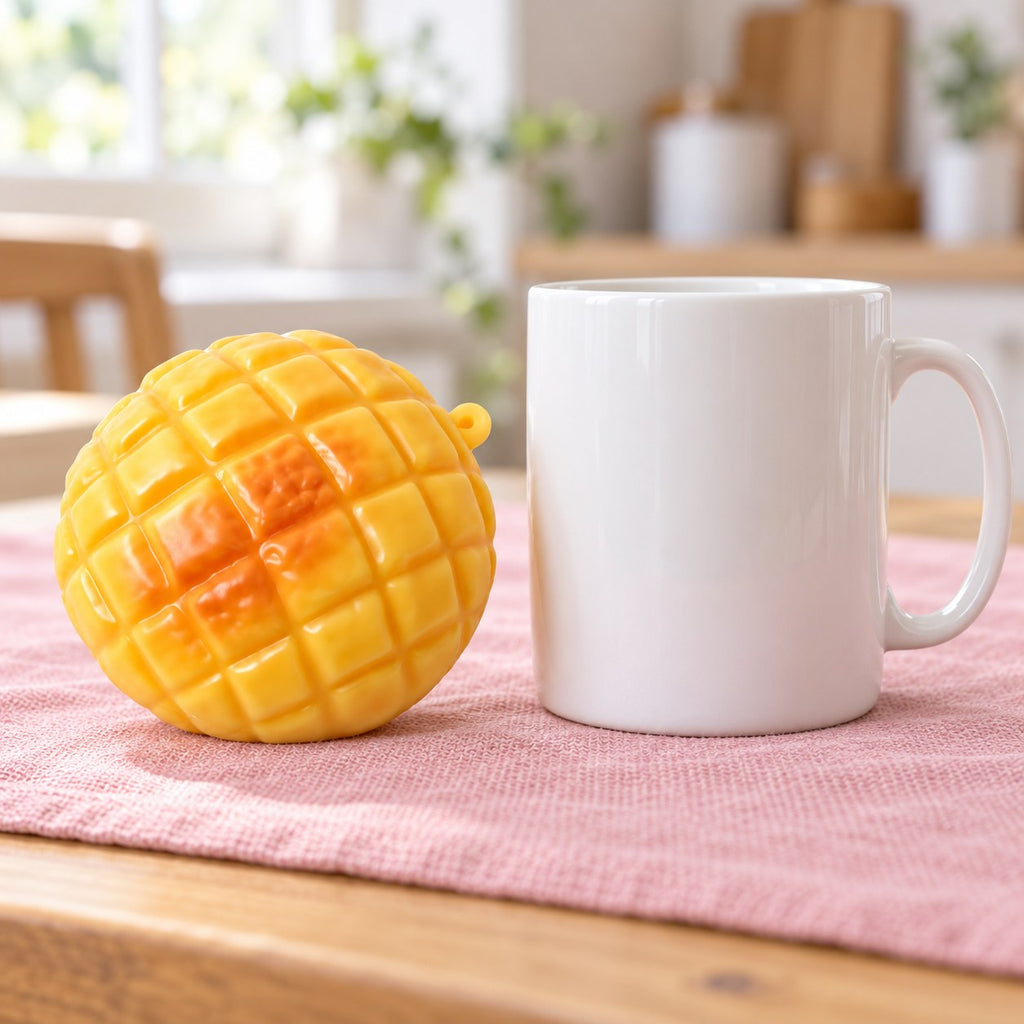 Pineapple bun squishy, next to a coffee mug for size comparison