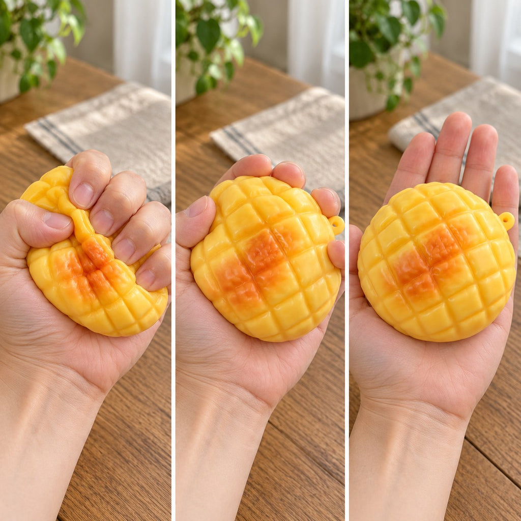 Pineapple bun squishy, squished flat, half risen and fully back in shape