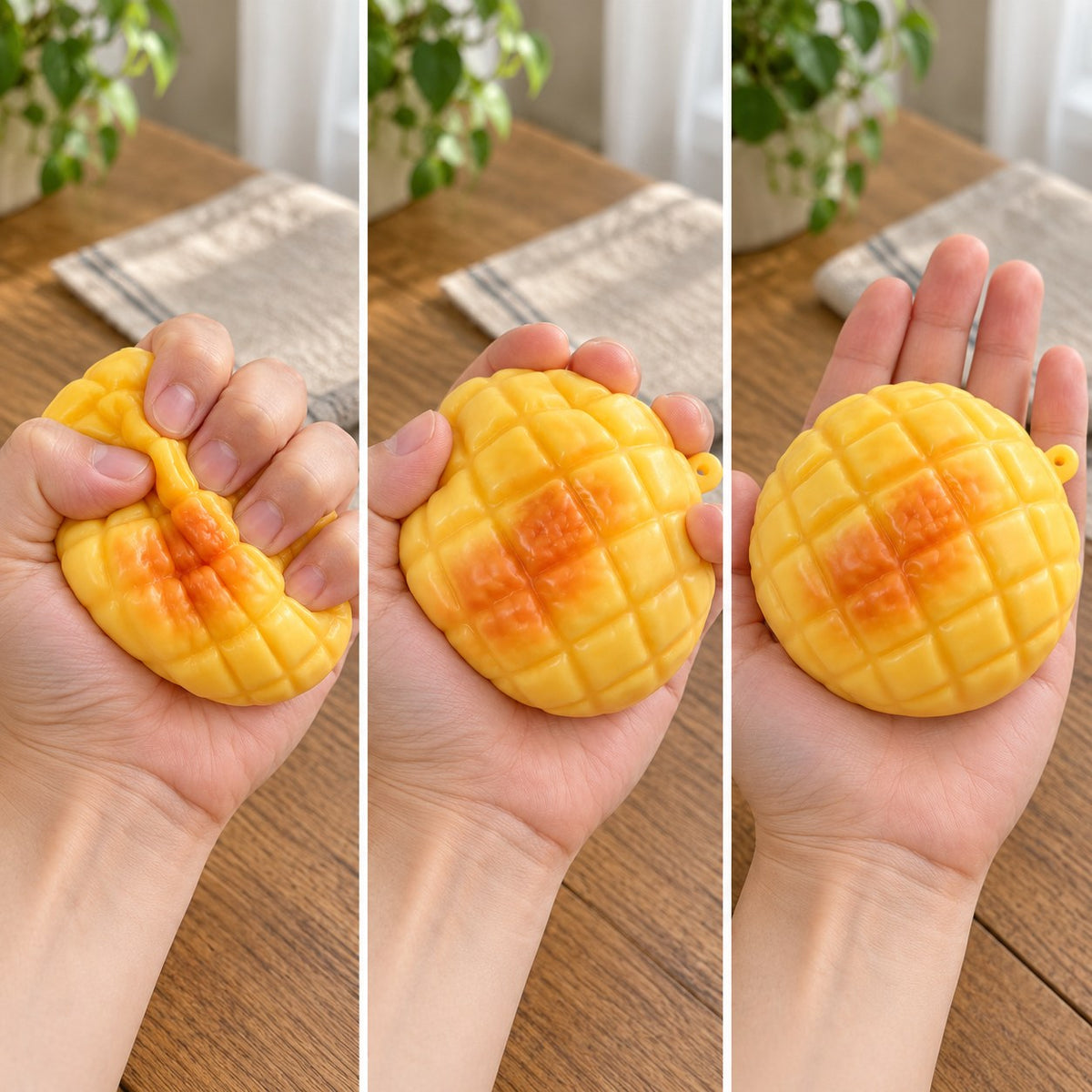 Pineapple bun squishy, squished flat, half risen and fully back in shape