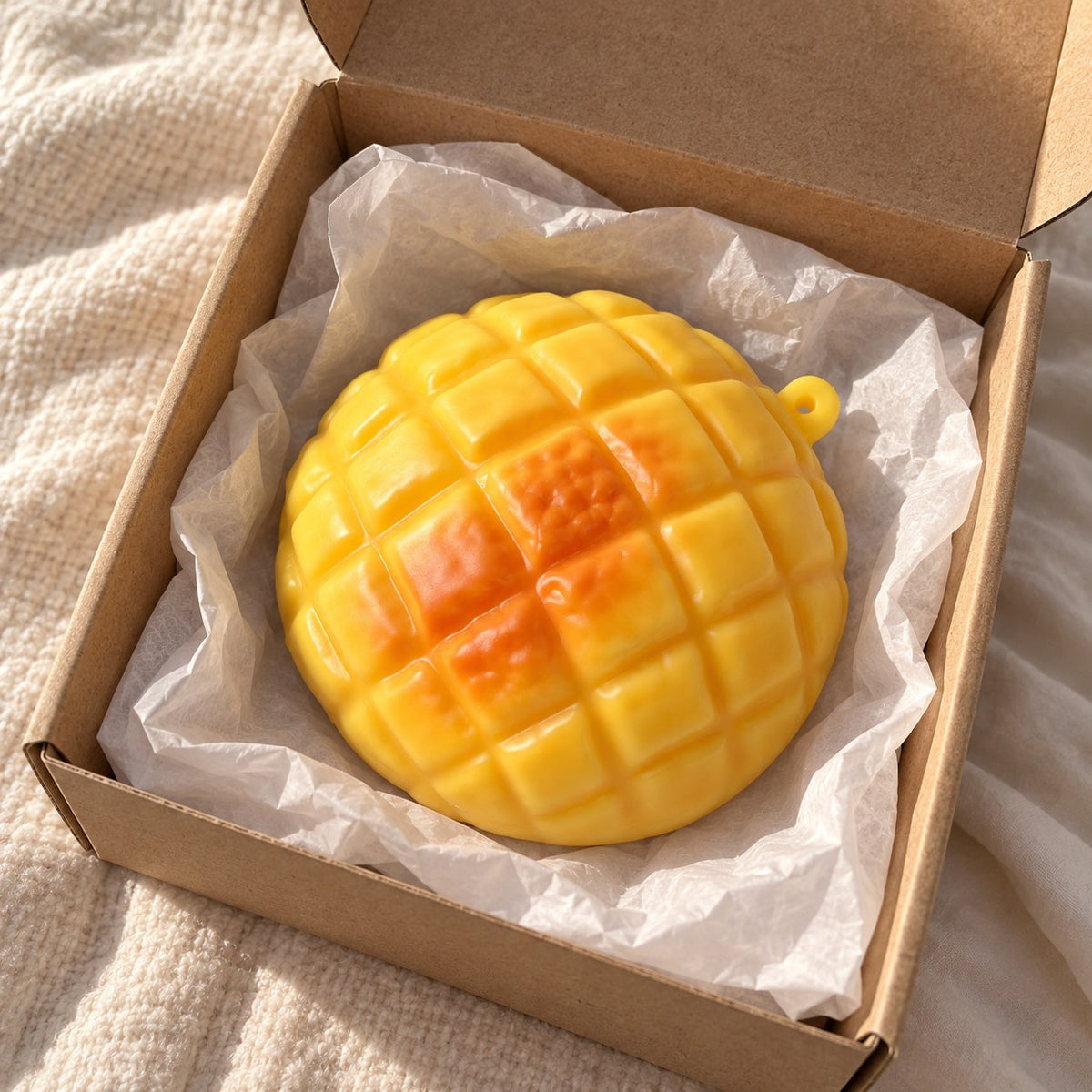 Pineapple bun squishy, unboxed from a parcel with tissue paper