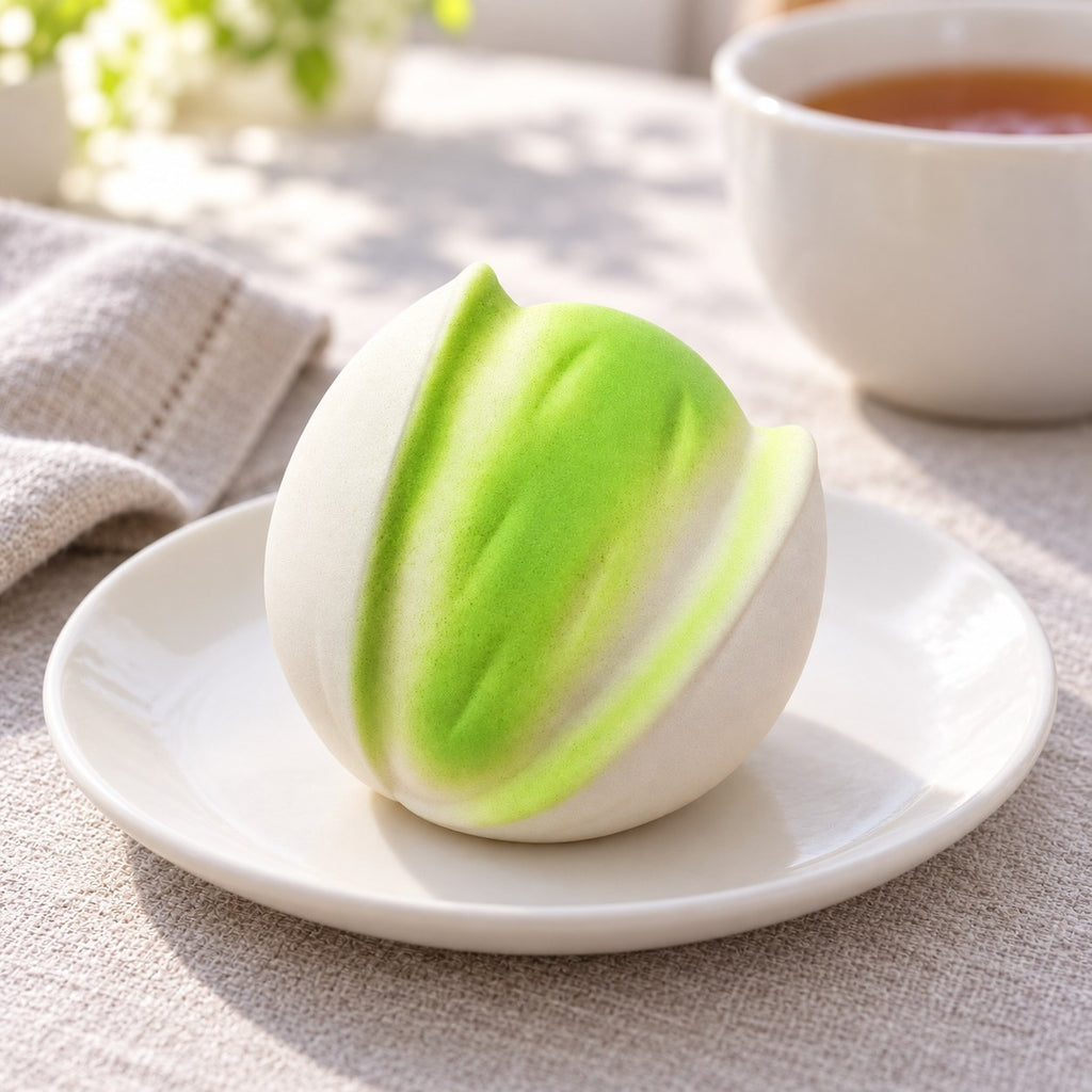Crunchy Pistachio Squishy, Handmade, on a plate on a breakfast table