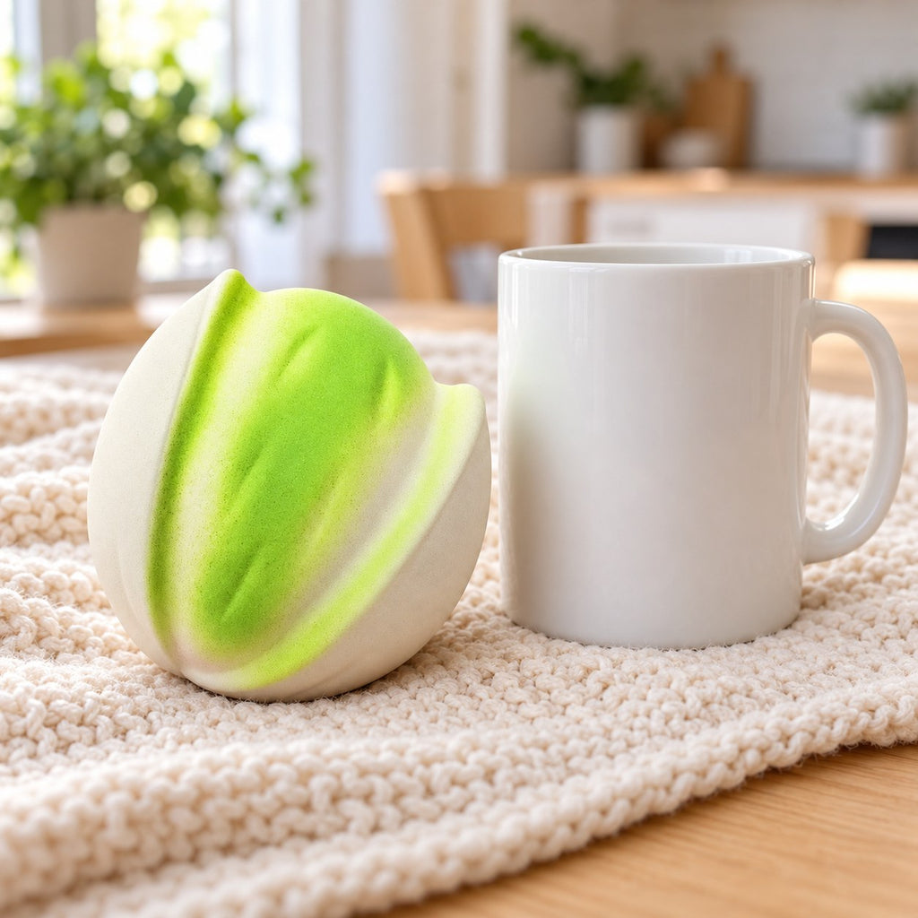 Crunchy Pistachio Squishy, Handmade, next to a coffee mug for size comparison