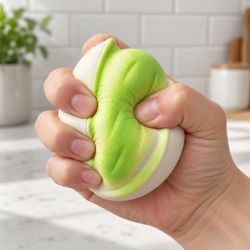 Crunchy Pistachio Squishy, Handmade, being squeezed by hand, soft and squishy
