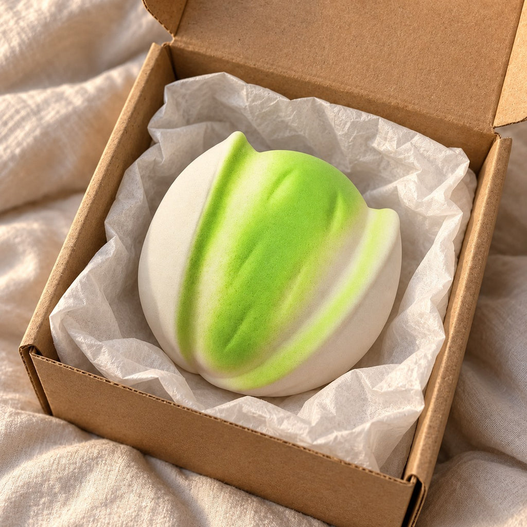 Pistachio squishy crunchy, unboxed from a parcel with tissue paper