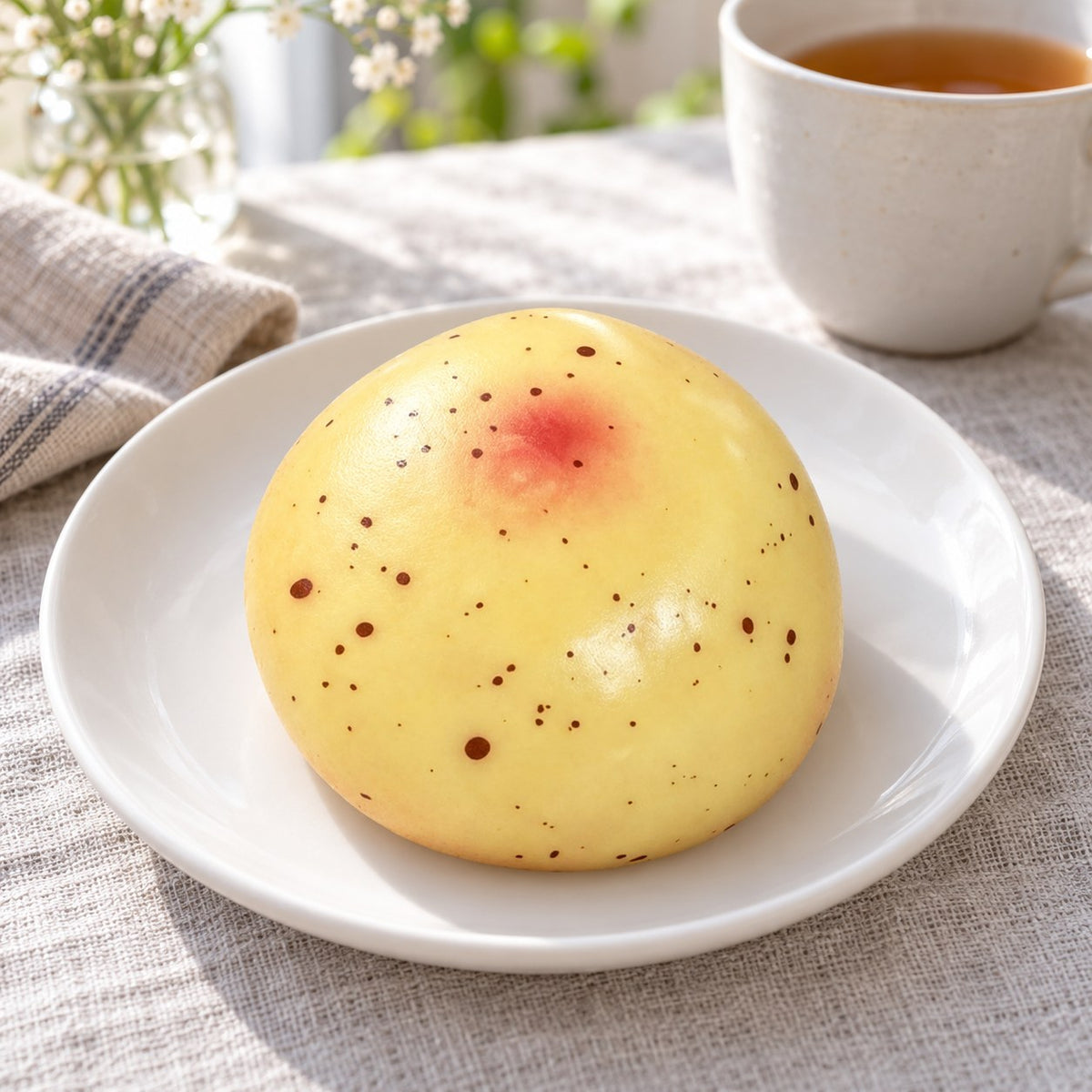 Potato squishy slow rising, on a plate on a breakfast table