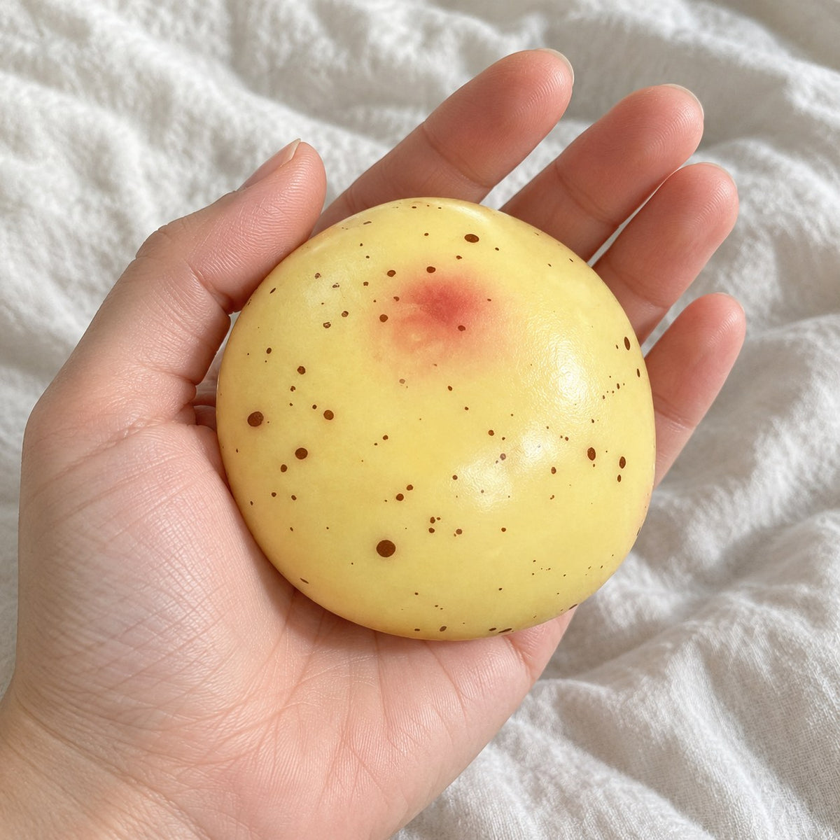 Potato squishy slow rising, held toward the camera, first-person view