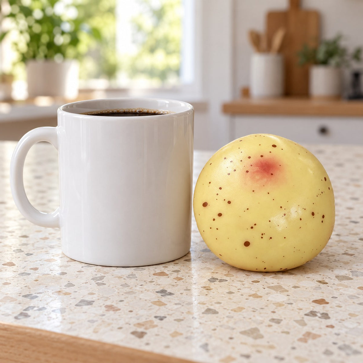 Potato squishy crunchy, next to a coffee mug for size comparison