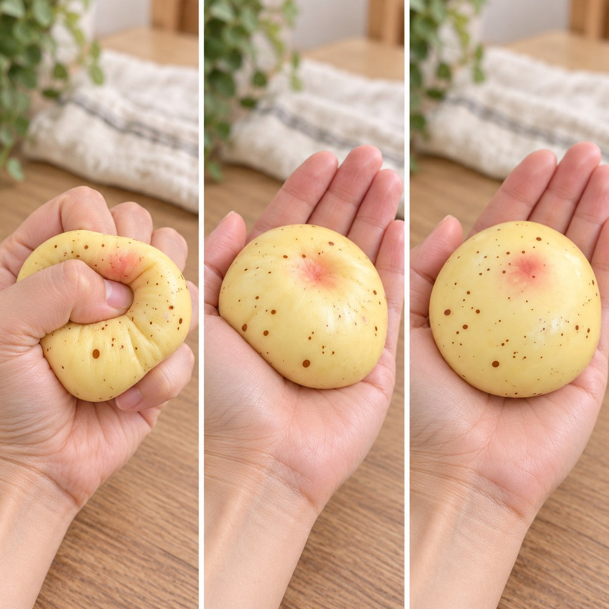 Potato squishy crunchy, squished flat, half risen and fully back in shape
