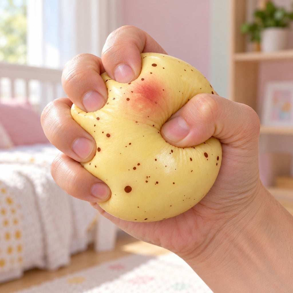 Potato squishy slow rising, being squeezed by hand, soft and squishy