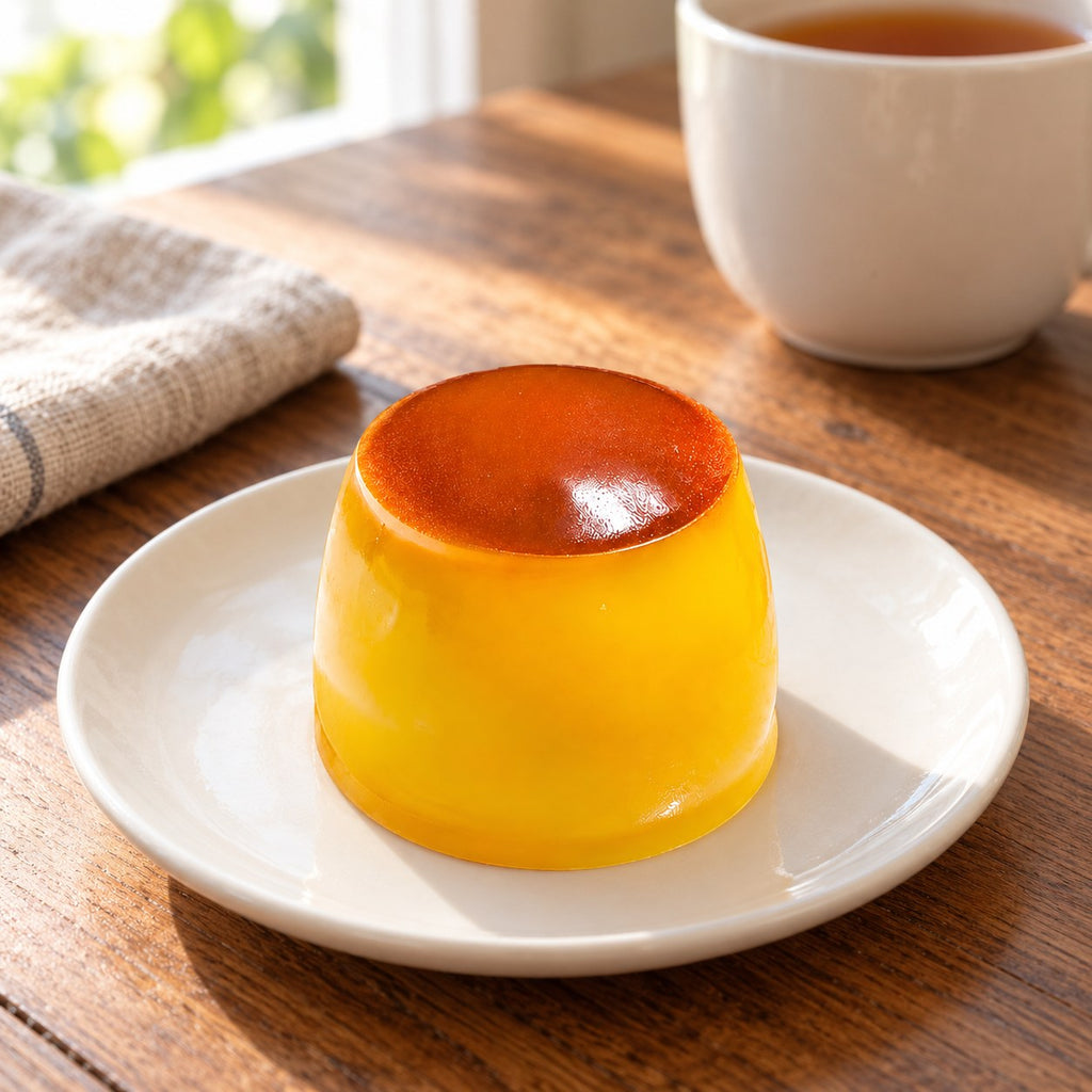 Pudding squishy, on a plate on a breakfast table
