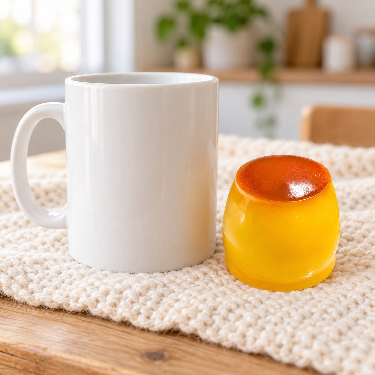 Pudding squishy, next to a coffee mug for size comparison