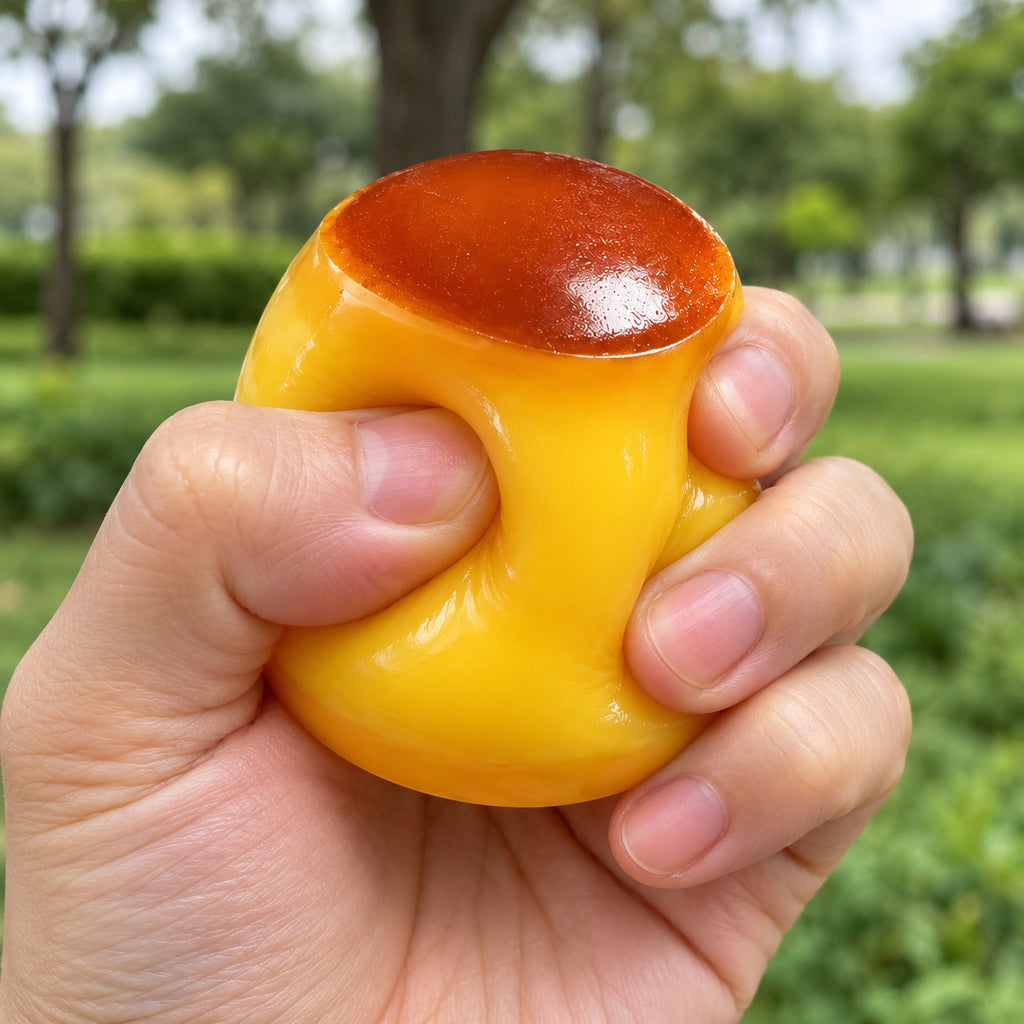 Pudding squishy crunchy, being squeezed by hand, soft and squishy