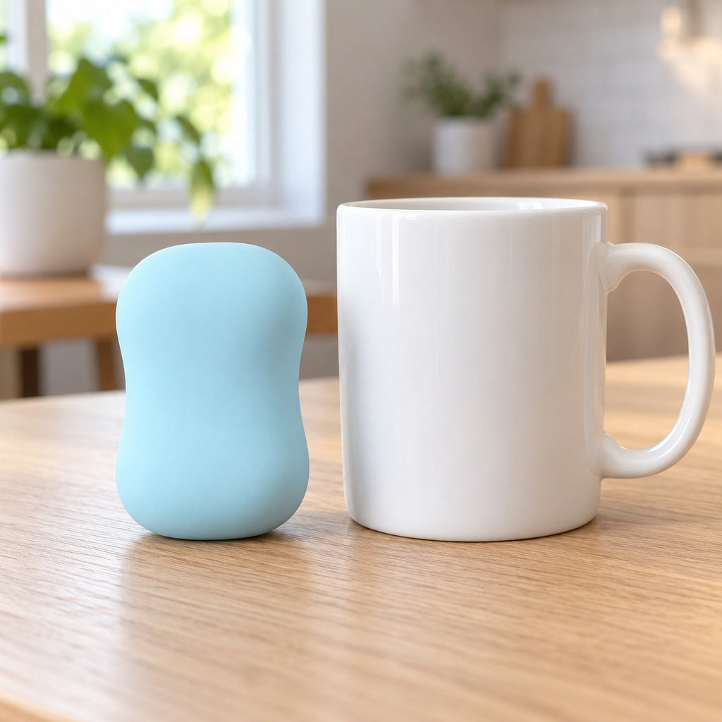 Crunchy Soap Squishy, Handmade Ball (Blue), next to a coffee mug for size comparison