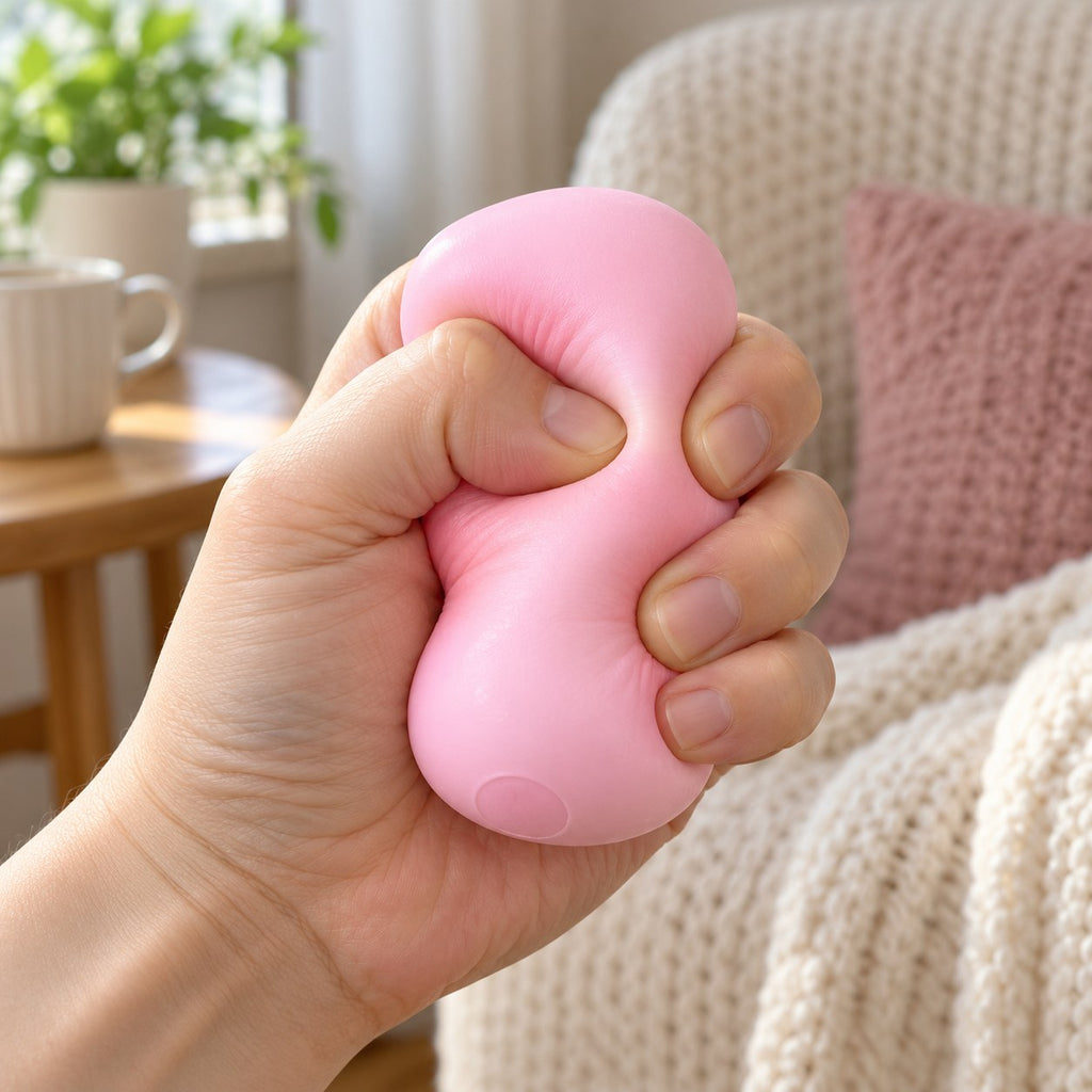 Crunchy Soap Squishy, Handmade Ball (Pink), being squeezed by hand, soft and squishy