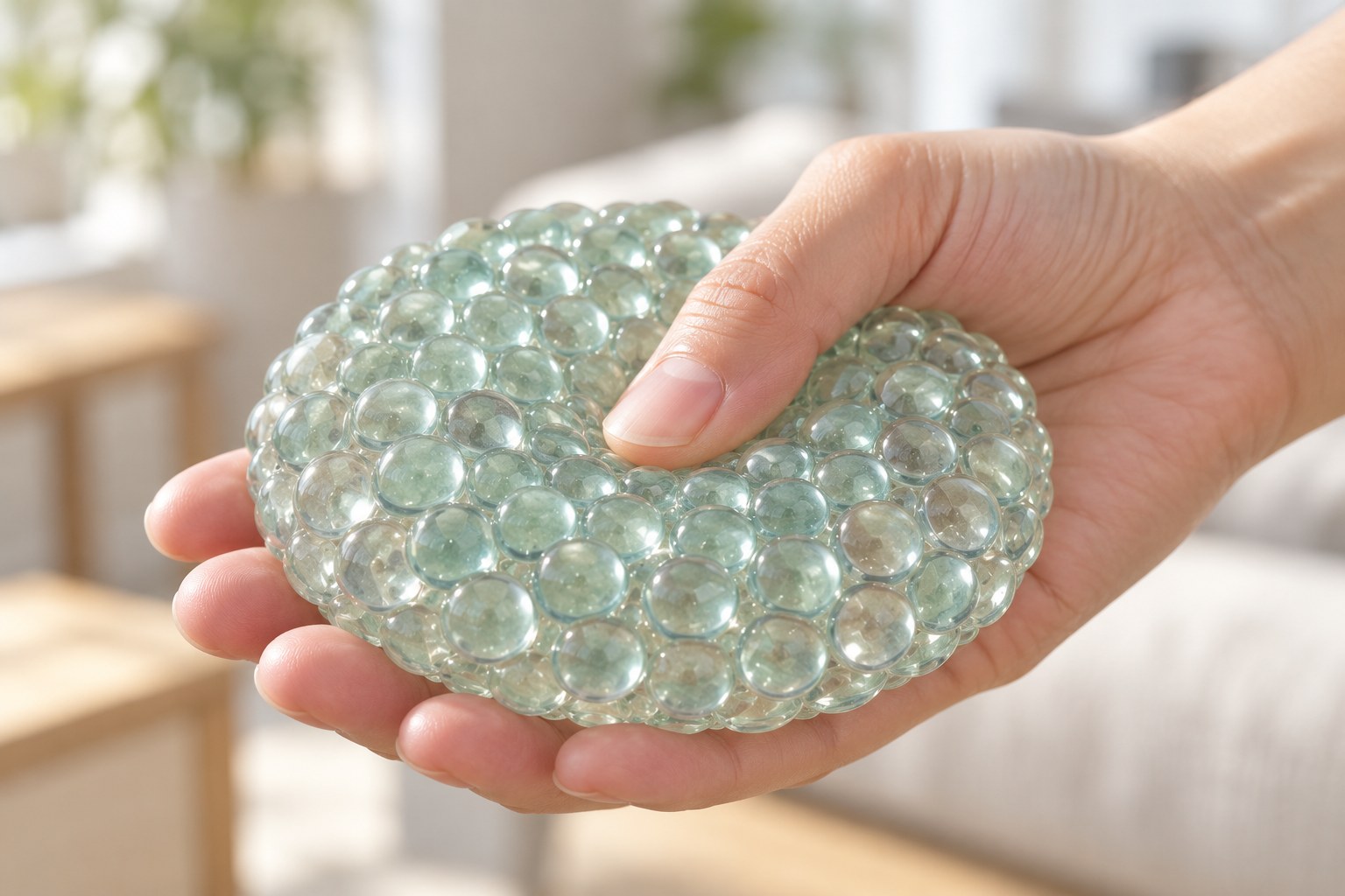 Hand som trycker på en rund crunchy squishy skiva full av små klara bubblor som liknar glas