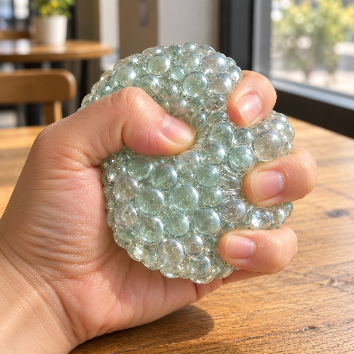 Glass bubble squishy crunchy (Mint green), being squeezed by hand, soft and squishy