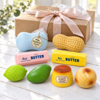 Crunchy squishy set, as a small gift next to a wrapped box