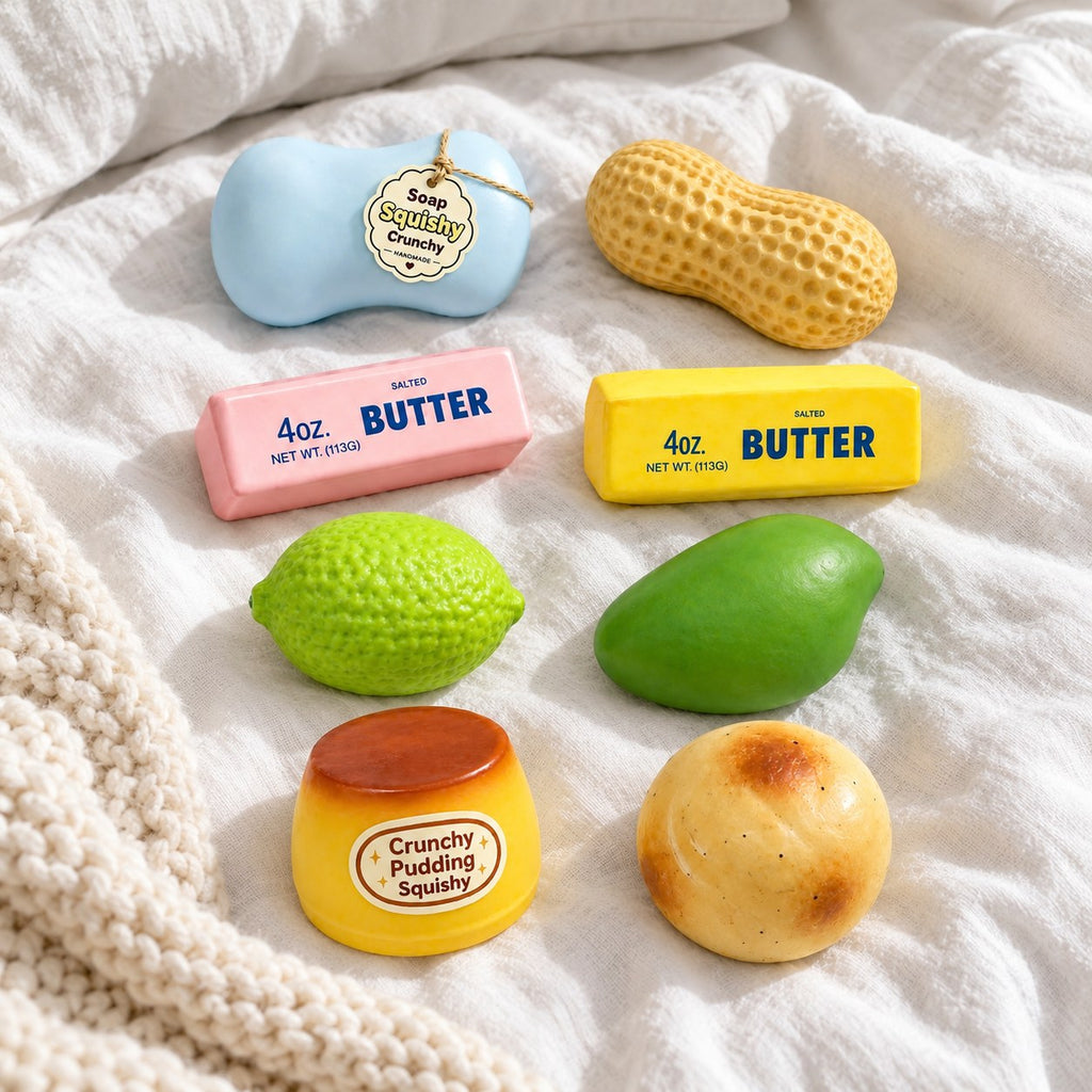 Crunchy Squishy Set, 8 Handmade Pieces, on a cozy bed with soft blankets