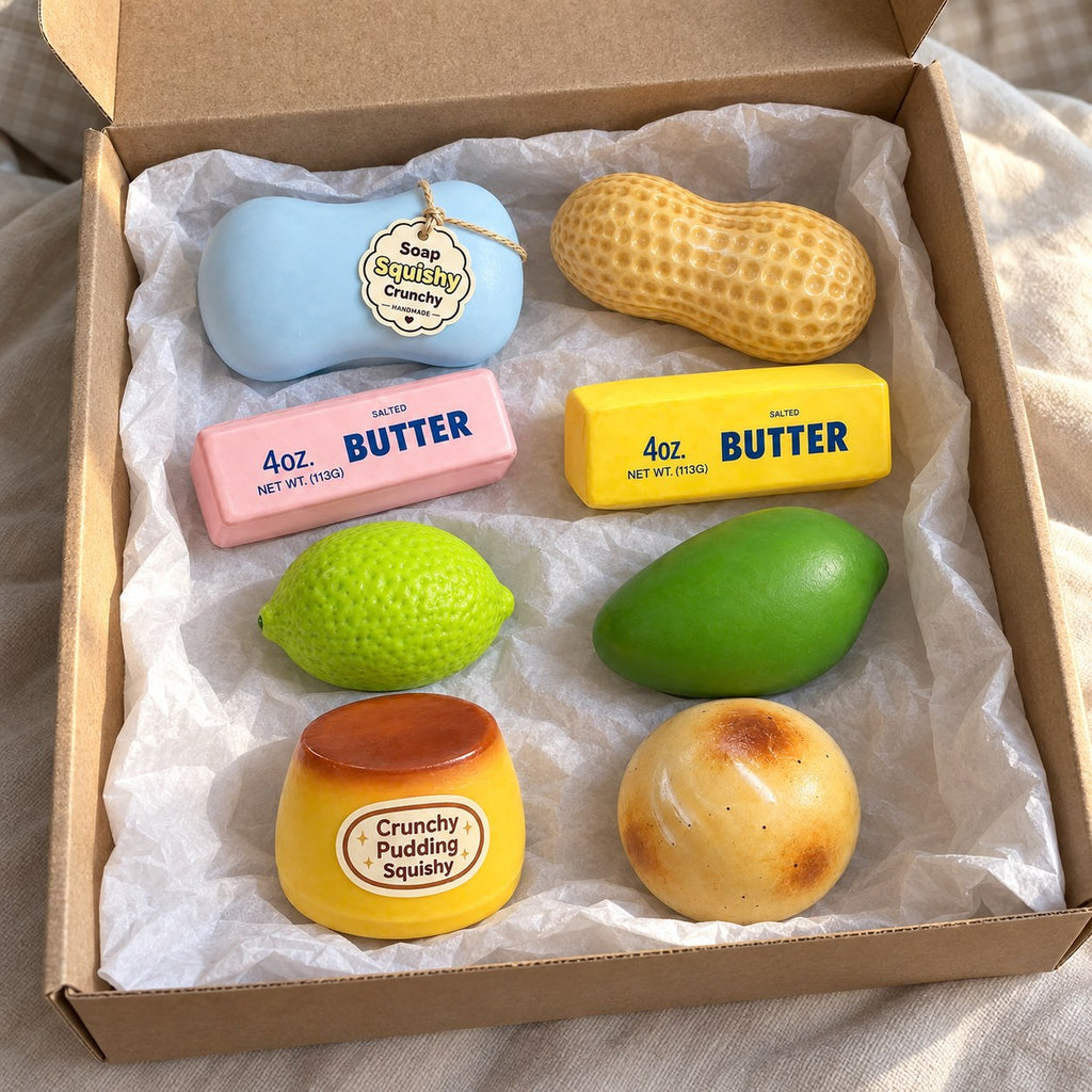 Crunchy Squishy Set, 8 Handmade Pieces, unboxed from a parcel with tissue paper