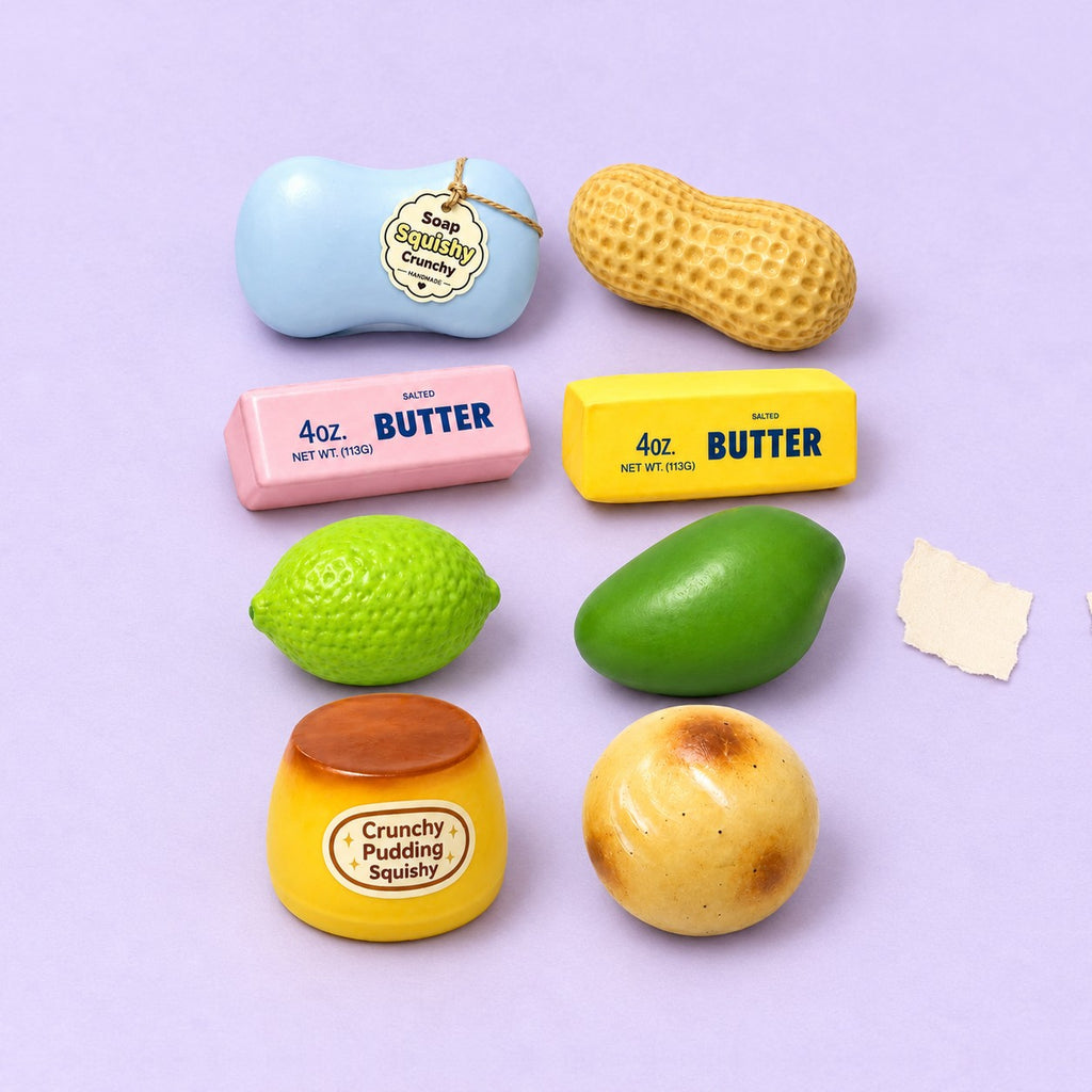 Crunchy squishy set – Crunchy Squishy Set, 8 Handmade Pieces, product photo on pastel paper