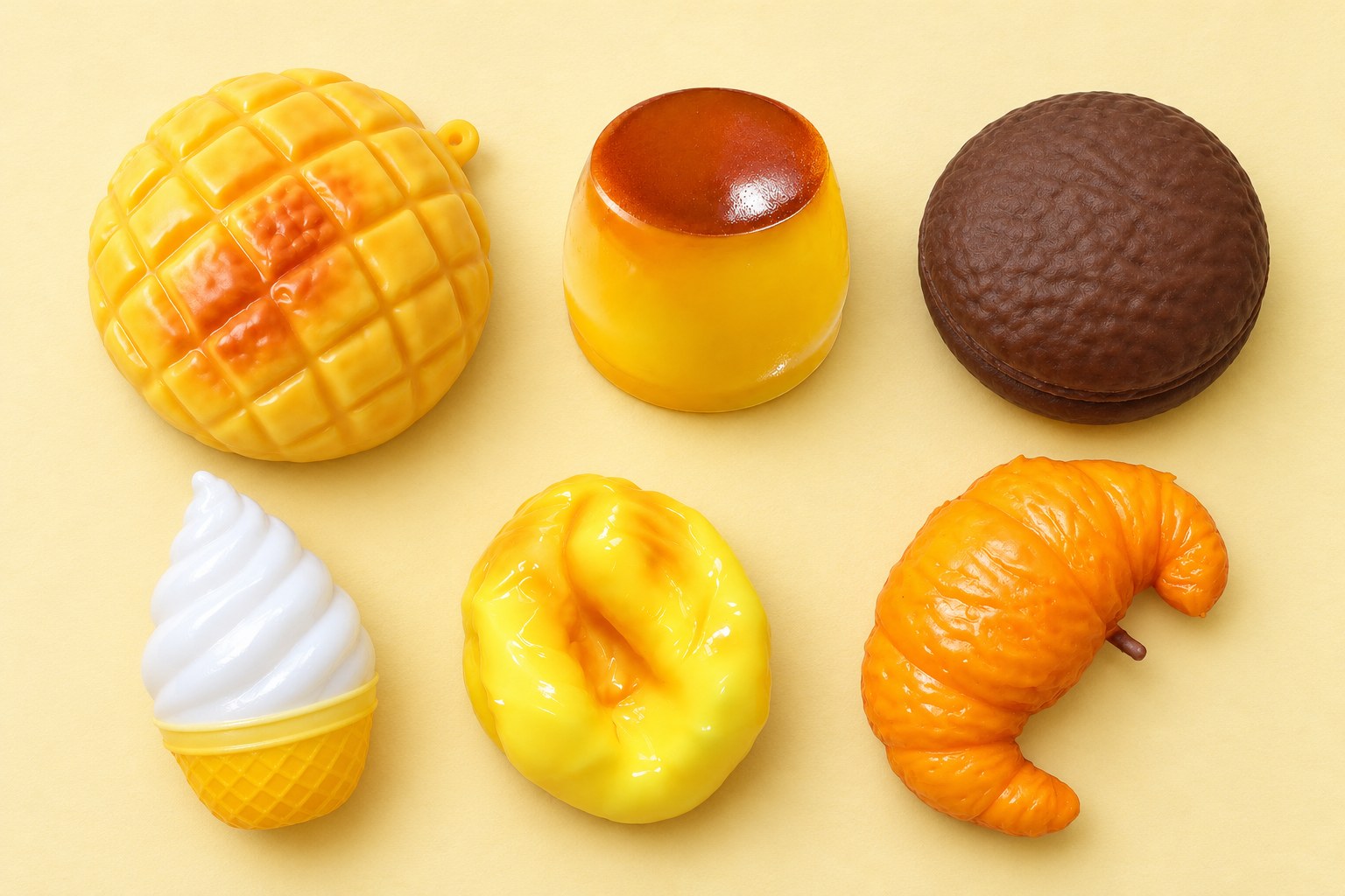 Sex söta crunchy squishies ovanifrån på ljusgult: ananasbulle, kolapudding, chokladtårta, glass, munk och croissant